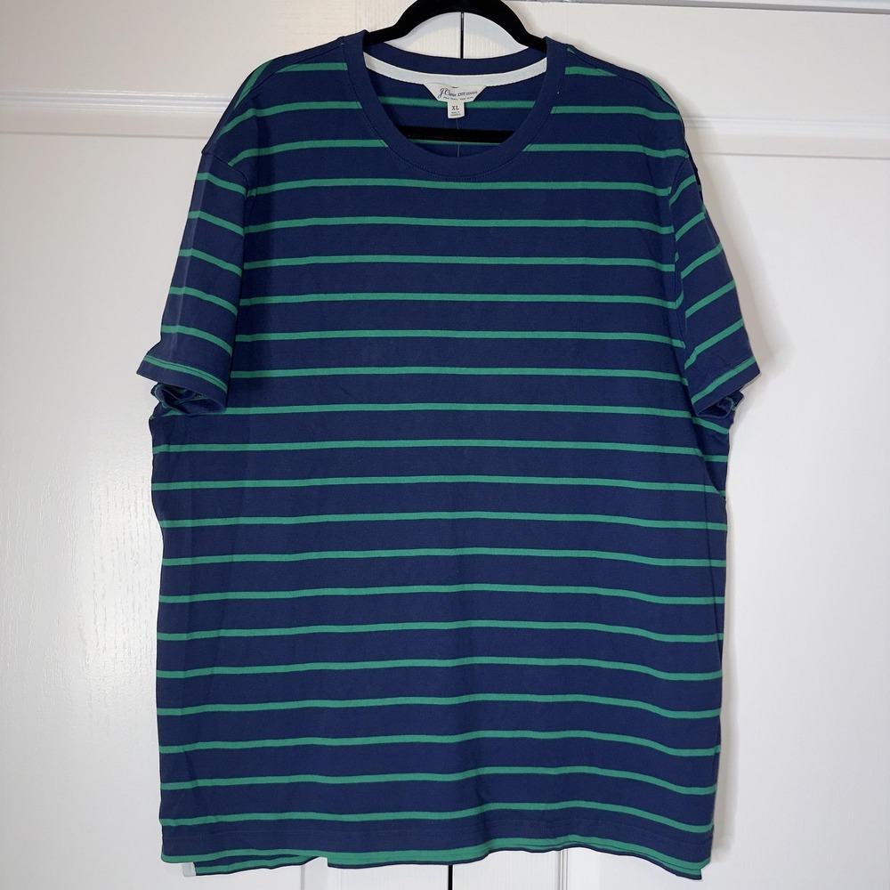 J Crew Shirt Mens XL Blue Green Stripe Short Sleeve Crewneck Cotton Tee
